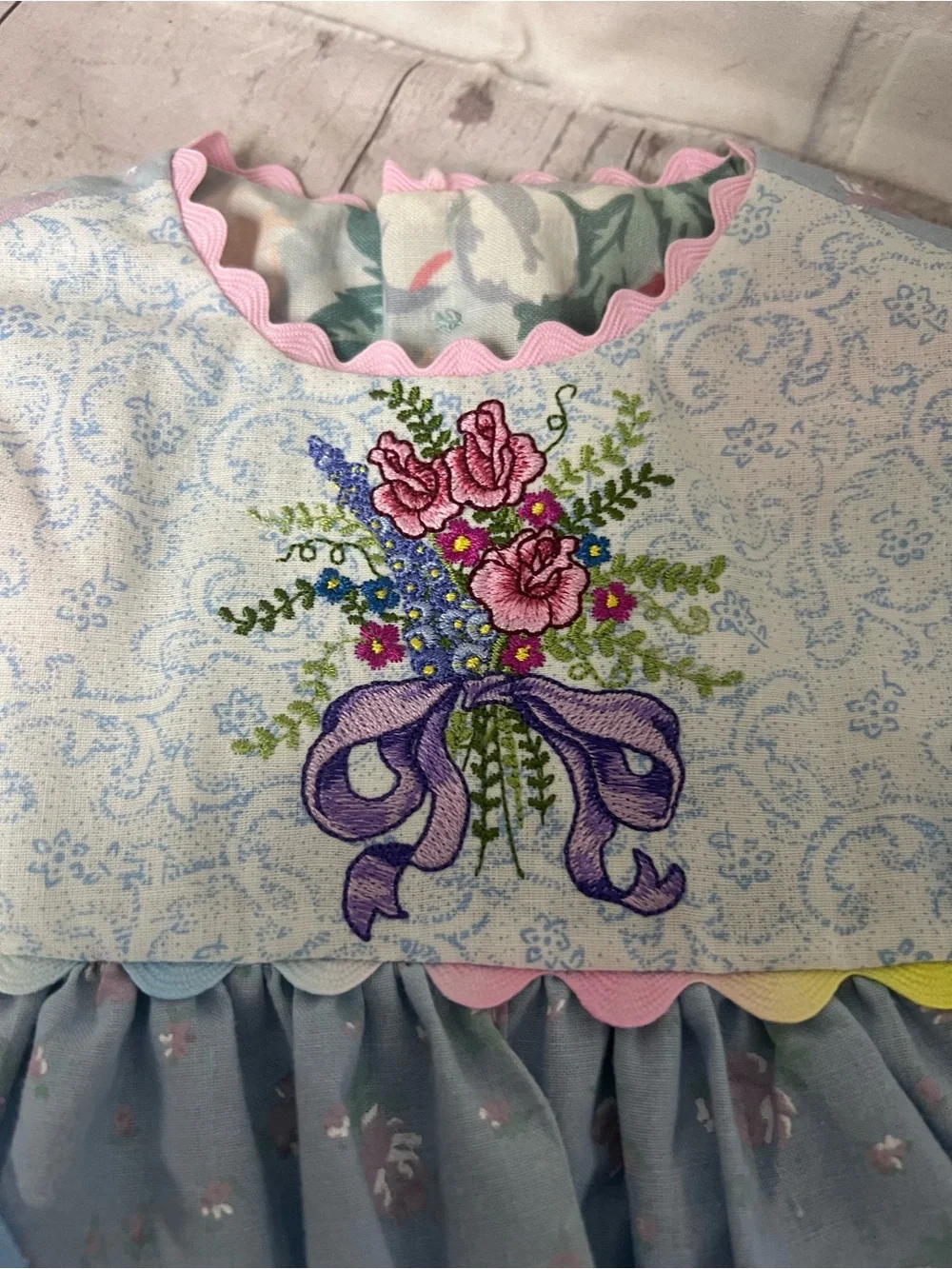Vintage Hand Made Size 9-12 Months Baby Dress Embroidered Flower Bow Blue